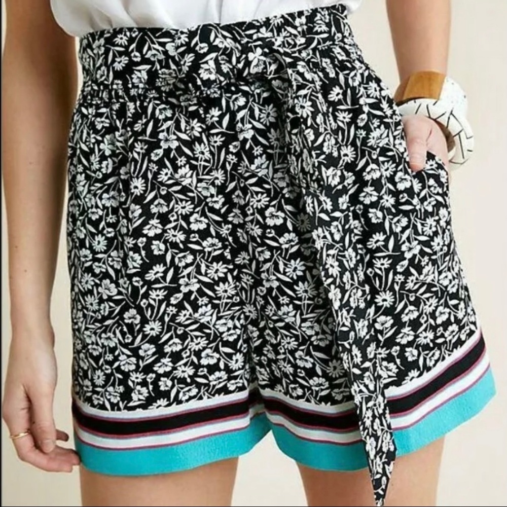 Anthropologie Maeve Scarf Floral Print Black Teal Tie Front Shorts Small